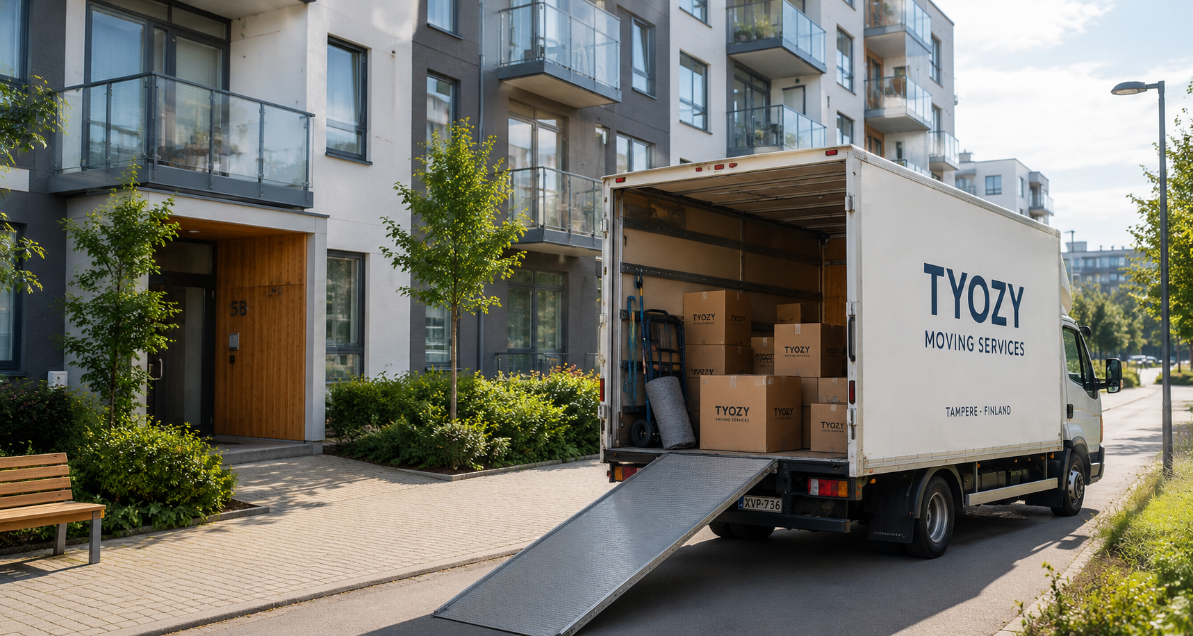 Moving van outside apartment building